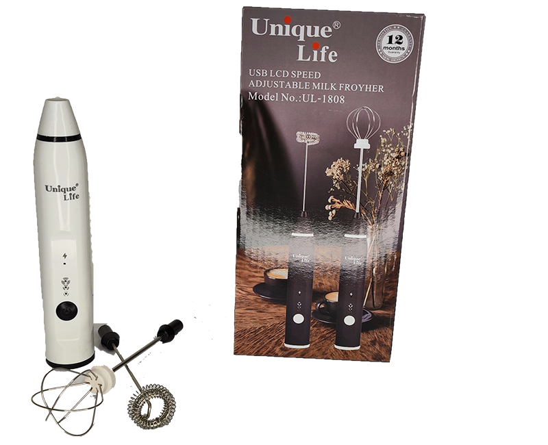همزن و فوم ساز شارژی سهسرعته Unique Life 2 همزن و فوم ساز شارژی سهسرعته Unique Life مدل UL-1808 با طراحی ارگونومیک و سه سری قابل تعویض برای فومسازی، همزدن و همزن تخممرغ، شارژ Type-C و رنگهای مختلف-سفید